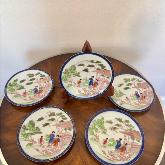 5 Vintage Japanese Hand Painted Porcelain Luncheon Plates With Geisha Girl Decor - Picture 2 of 11